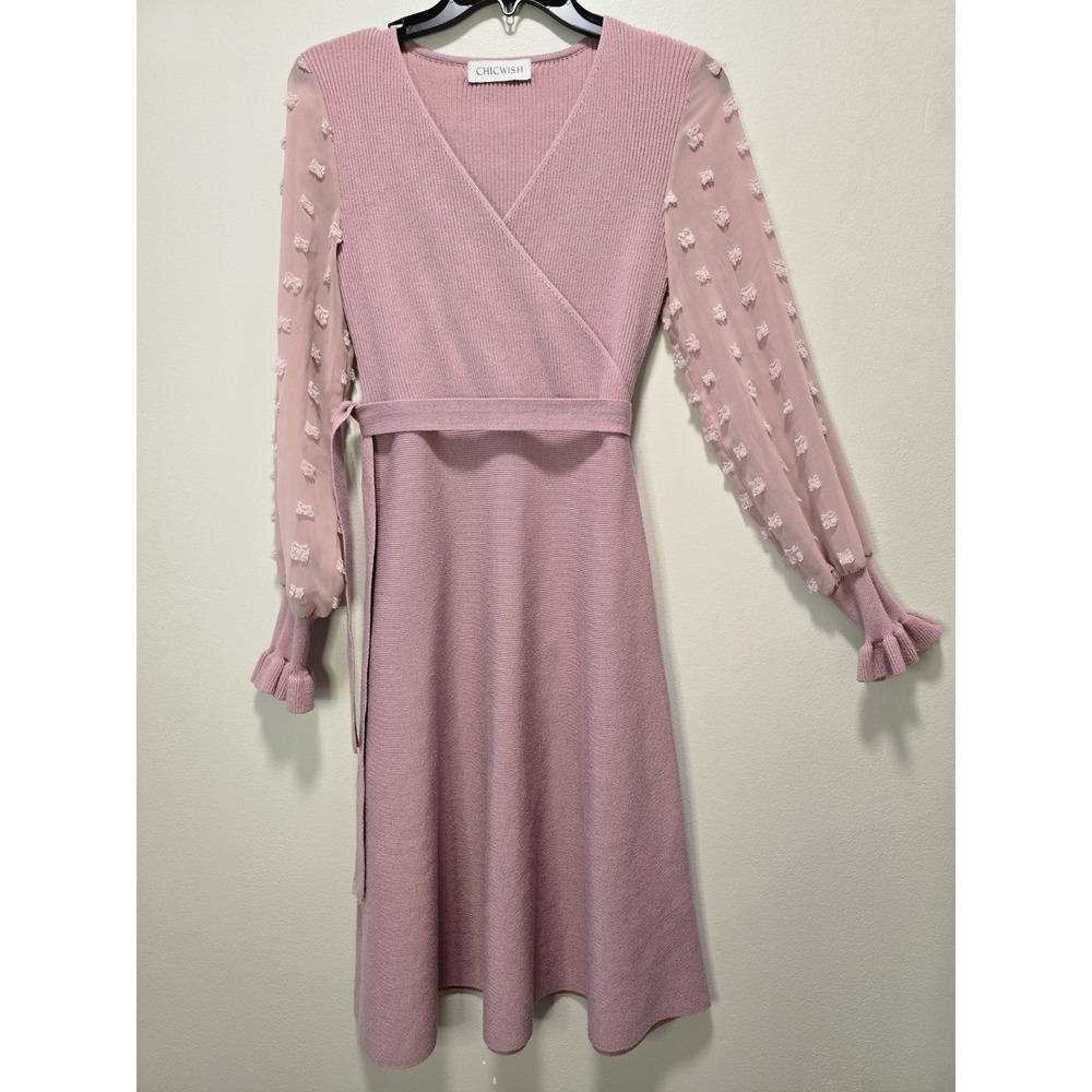 Chicwish Wrap Knit Dress Blush Pink Long Sleeve Dot Mesh Sleeve Fit & Flare M - Picture 2 of 11